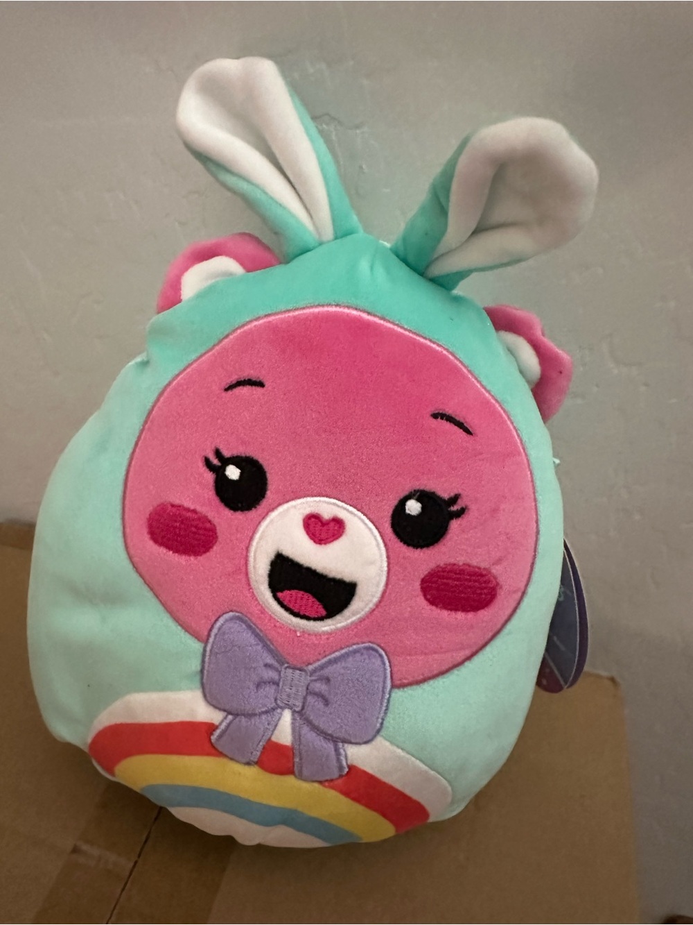 Care Bears Pink & Mint Bunny Plush with Rainbow and Purple Bow